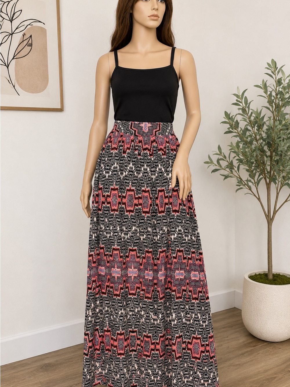 Democracy Women’s Maxi Skirt Size 2 Geometric Print Boho Aesthetic Long Skirt